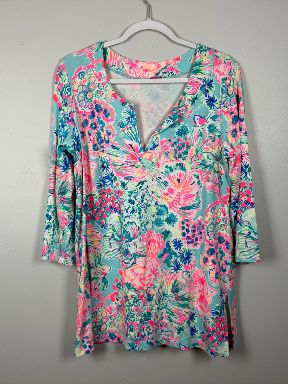 Lilly Pulitzer Justina Tunic Top in Gypsea Serene Blue Medium Coastal Fish Coral